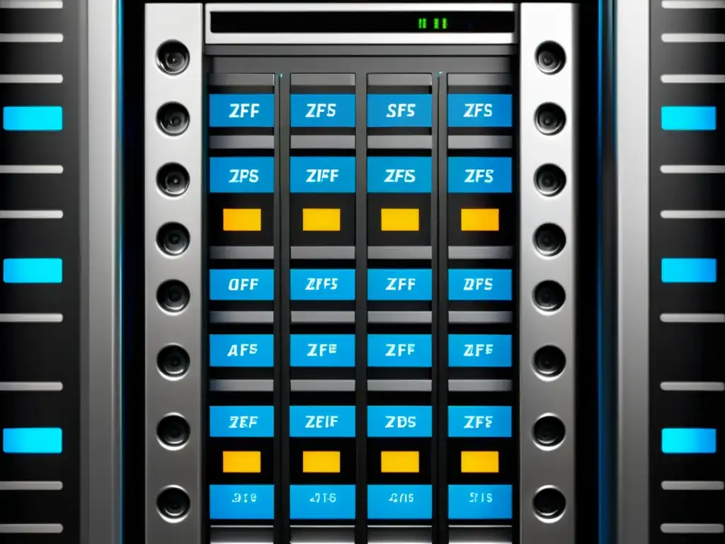 Un elegante rack de servidores con múltiples discos duros etiquetados con 'ZFS