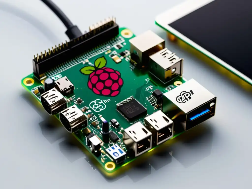 Un elegante setup de Raspberry Pi con componentes de hardware, ideal para proyectos de hardware DIY con Raspberry Pi