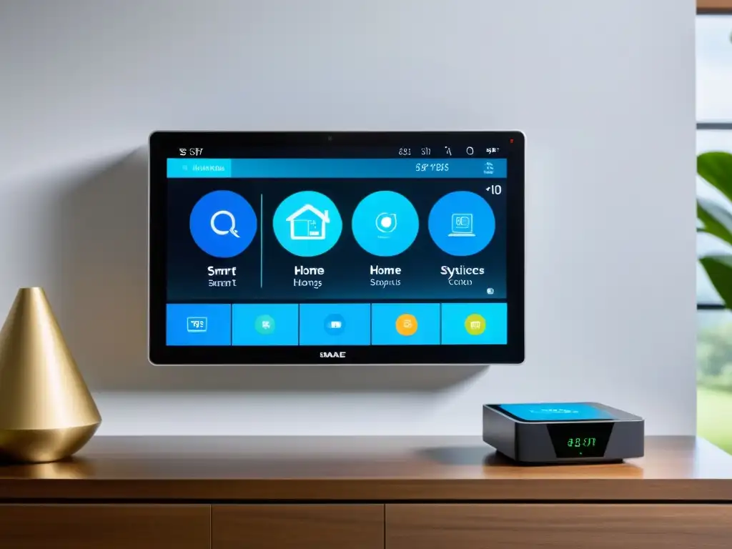 Control central de hogar inteligente: integración futurista Un elegante sistema de monitorización de hogar inteligente con dispositivos interconectados integrados en un espacio minimalista