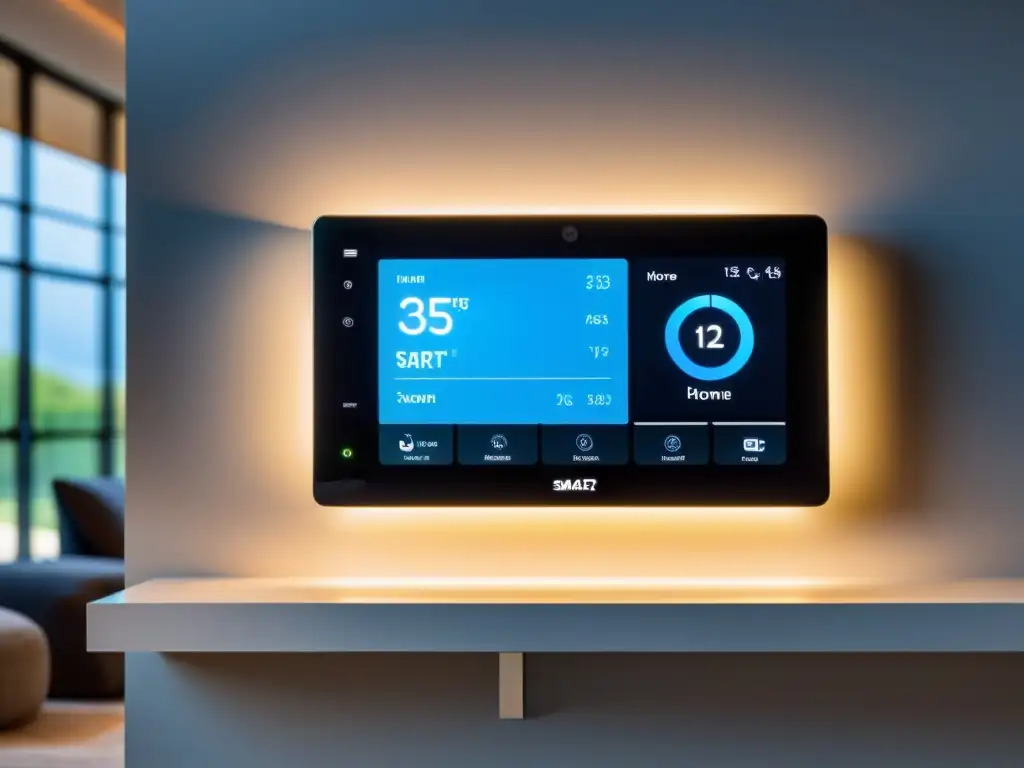 Sistema de monitoreo doméstico inteligente en acción Un elegante sistema de monitorización del hogar inteligente, integrado en un espacio contemporáneo, con hardware minimalista y controles LED