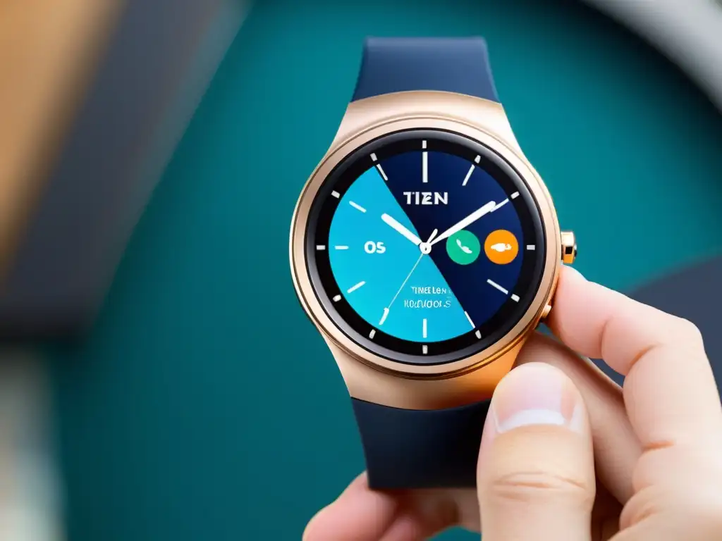 Un elegante smartwatch con pantalla de alta resolución, mostrando la interfaz del sistema operativo Tizen OS