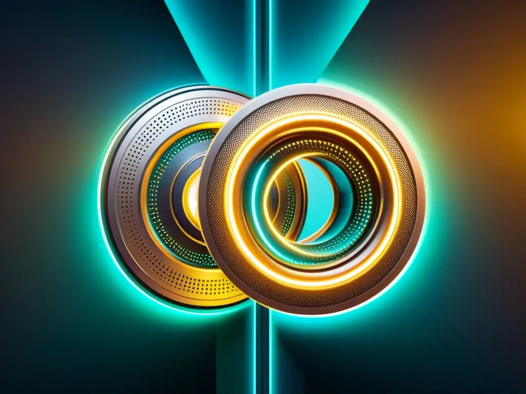 Convergencia de Software Libre y Código Abierto: Imagen Futurista Dos elementos tecnológicos abstractos entrelazados, representando la convergencia entre software libre y open source