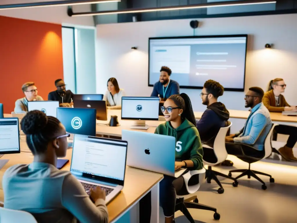 Un emocionante hackathons de código abierto colaborativos con programadores y desarrolladores de diversidad trabajando juntos en un espacio futurista