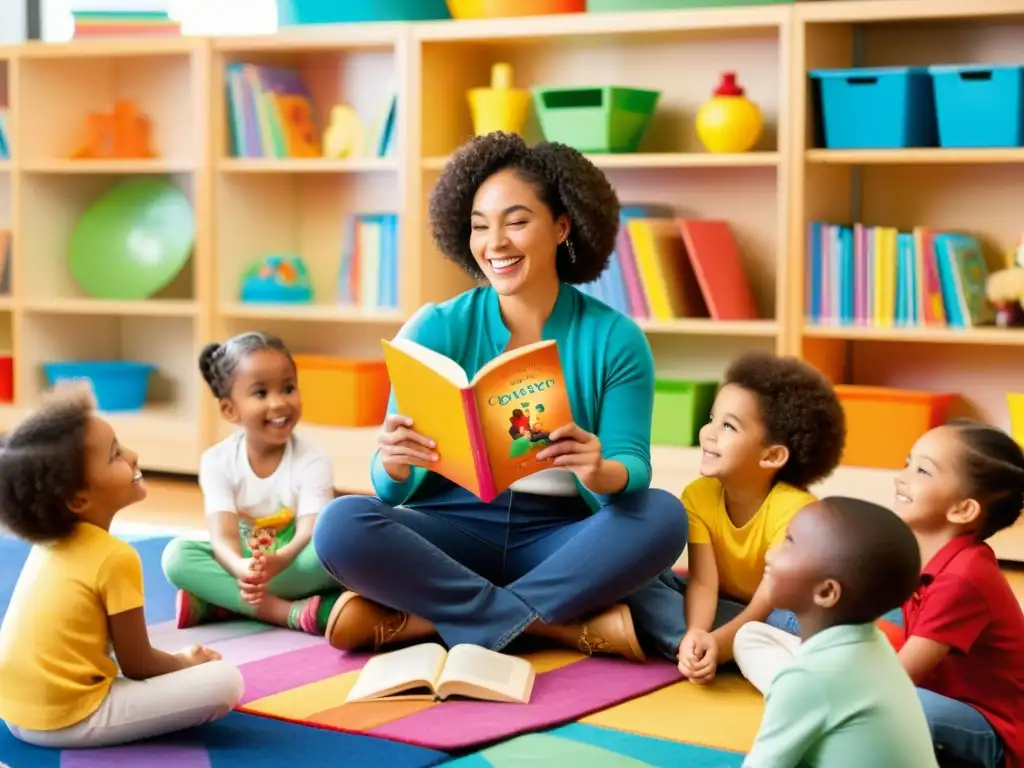 Un emocionante momento de lectura con libros de código abierto para niños en un aula llena de luz y color