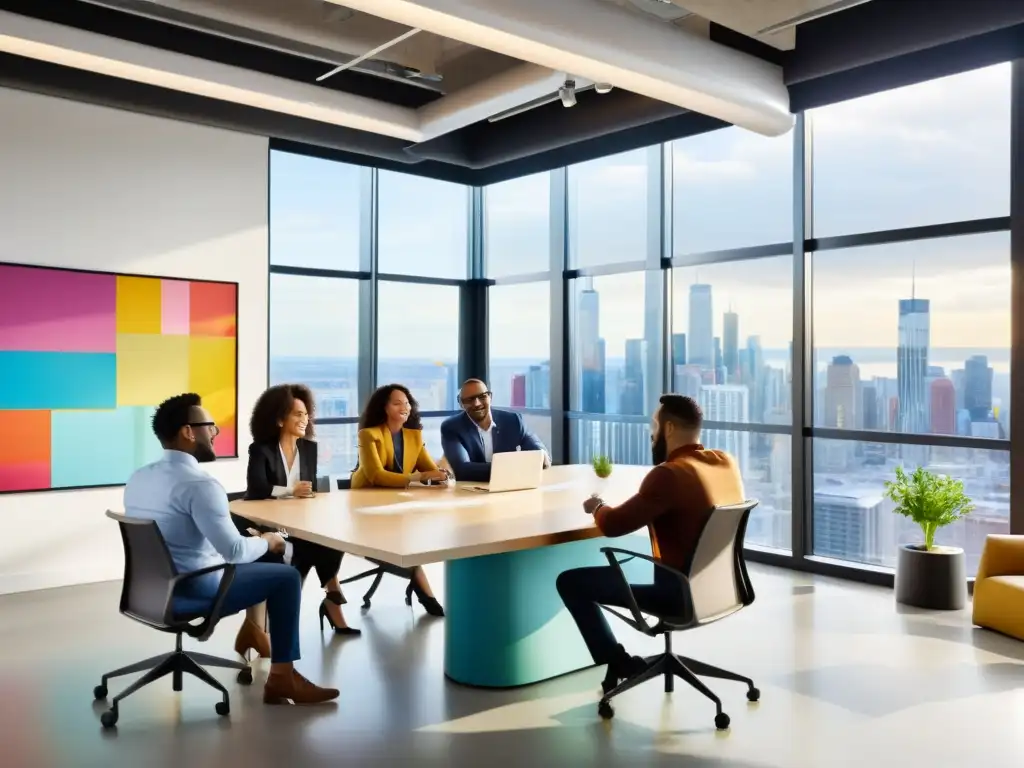 Emprendedores diversificados colaborando en una oficina moderna, llena de luz natural y arte colorido