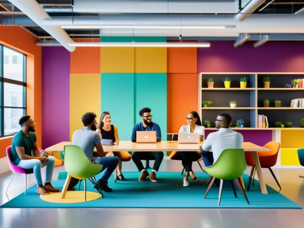 Emprendedores colaborando en un espacio de coworking, creando software libre en un ambiente innovador y dinámico