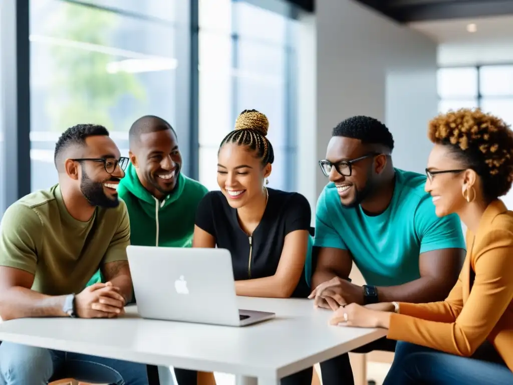 Emprendedores tech colaborando en un espacio moderno, con pasión y determinación