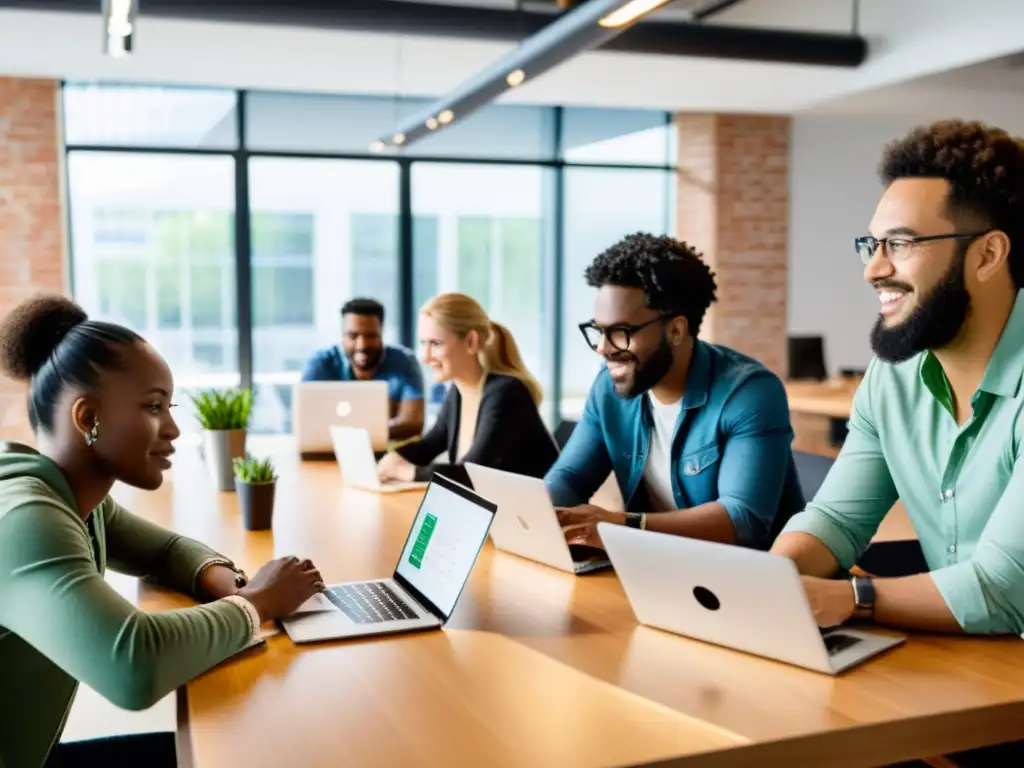 Emprendimientos tecnológicos con software de código abierto: Emprendedores colaborando en un espacio acogedor con luz natural y tecnología