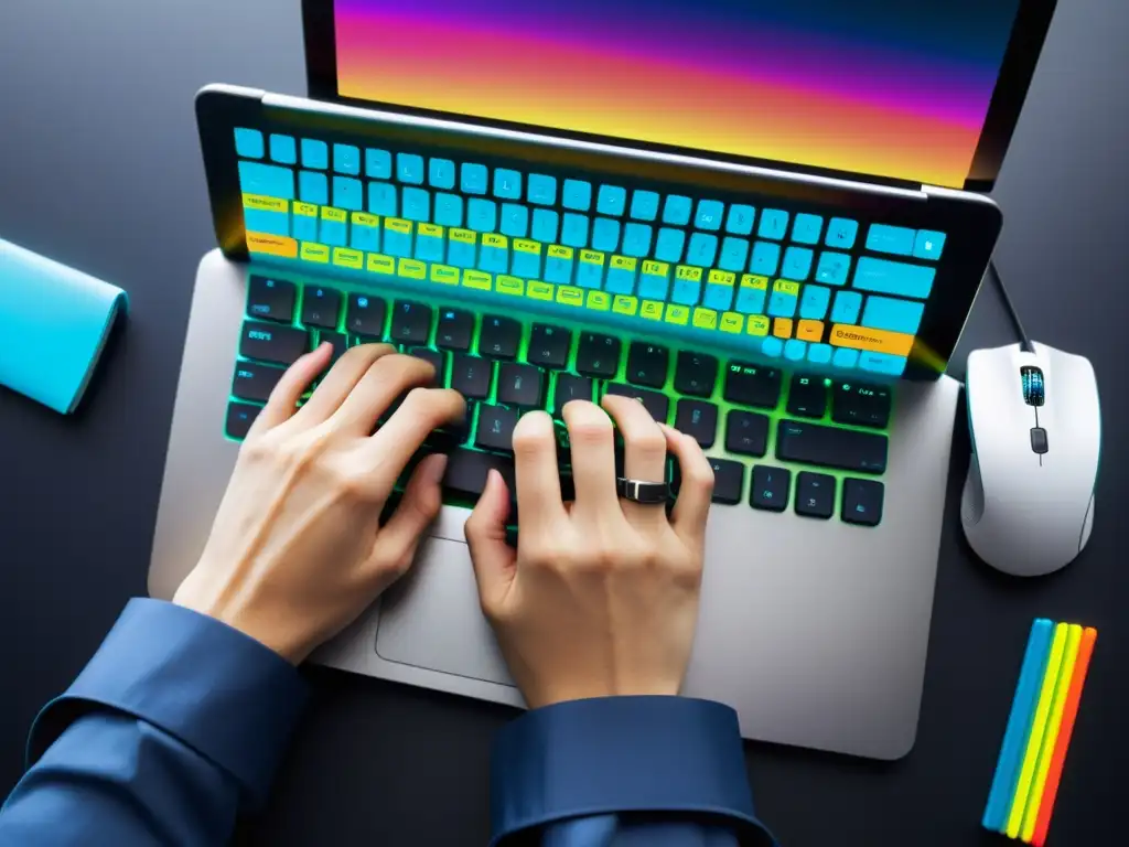 Un entorno de codificación vibrante y moderno, con un desarrollador tecleando en un teclado elegante, rodeado de tecnología de vanguardia