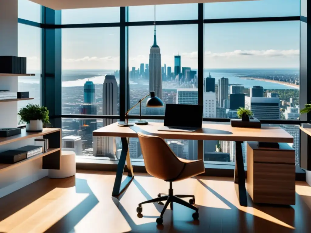 Espacio de trabajo moderno con vista panorámica de la ciudad Entorno de desarrollo de aplicaciones web de código abierto con vista panorámica a la ciudad, escritorio minimalista, laptop de alta gama y silla ergonómica, bañado por luz natural