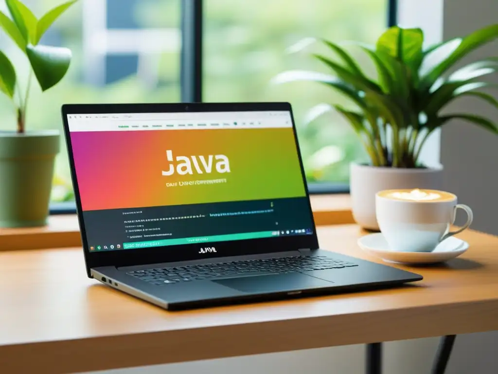 Entorno de desarrollo Java con Spring Boot: laptop, código colorido, café y plantas en un espacio moderno y profesional