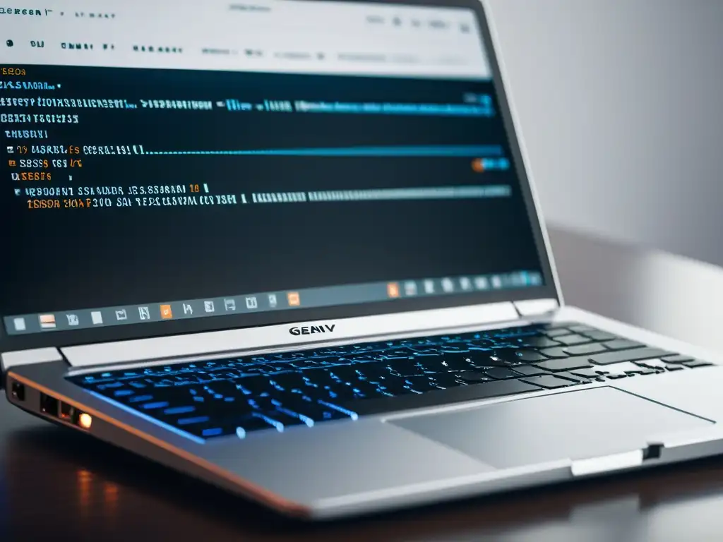 Un entorno de desarrollo ligero Linux: laptop moderno con código en editor minimalista Geany, sobre un elegante escritorio