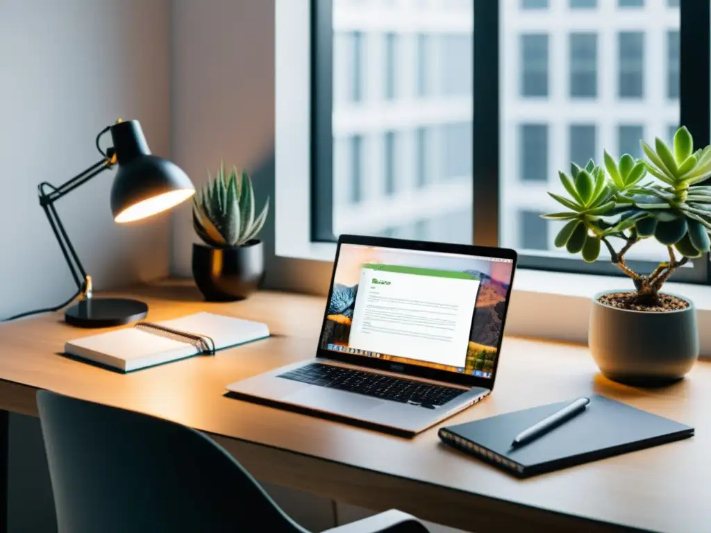 Entorno de desarrollo ligero Linux con laptop, lámpara y suculenta en oficina minimalista con luz natural