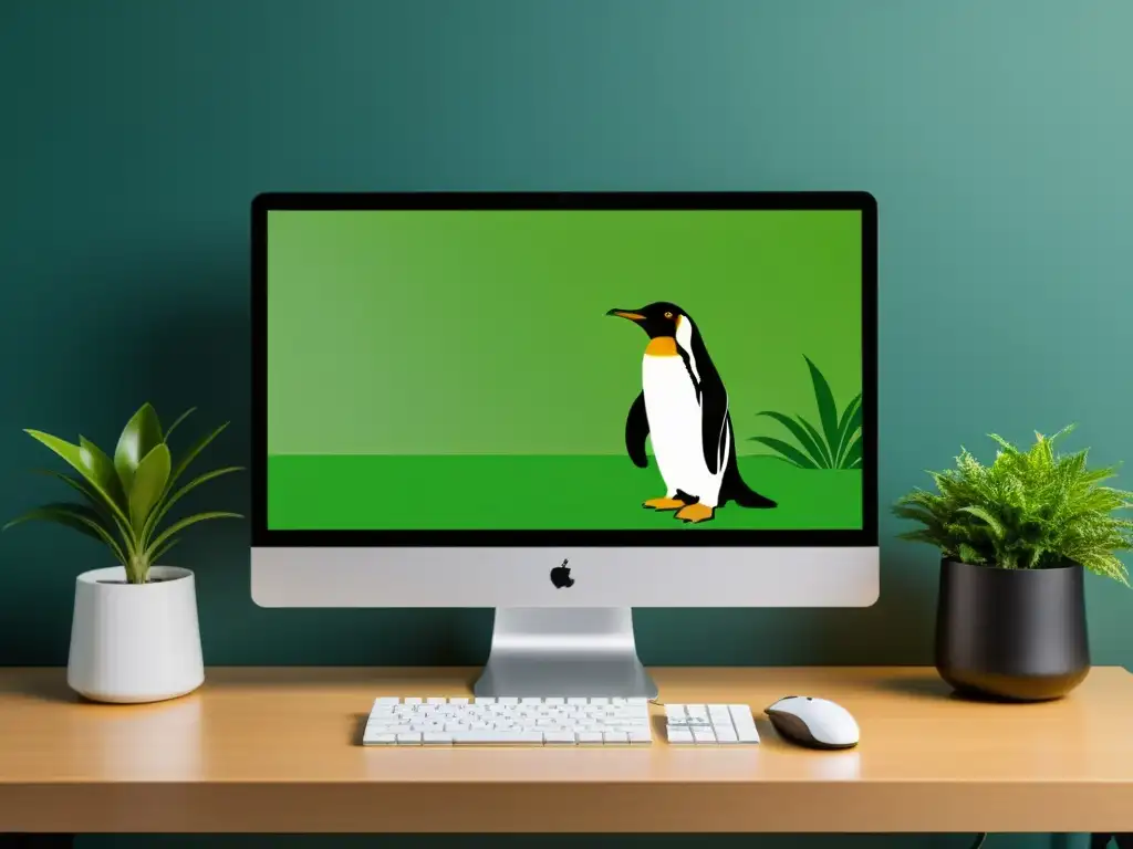 Un entorno de escritorio elegante y moderno con un impresionante fondo de pantalla de un pingüino Linux vibrante