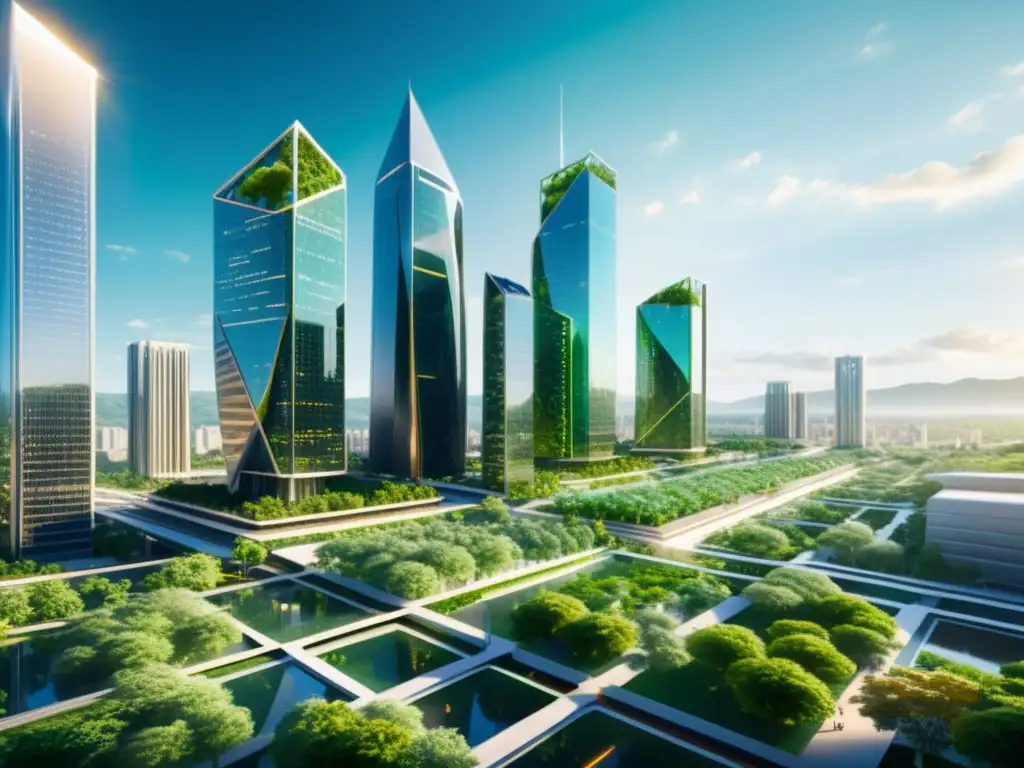 Un entorno futurista de ciudad con rascacielos geométricos, vegetación exuberante y redes de datos brillantes