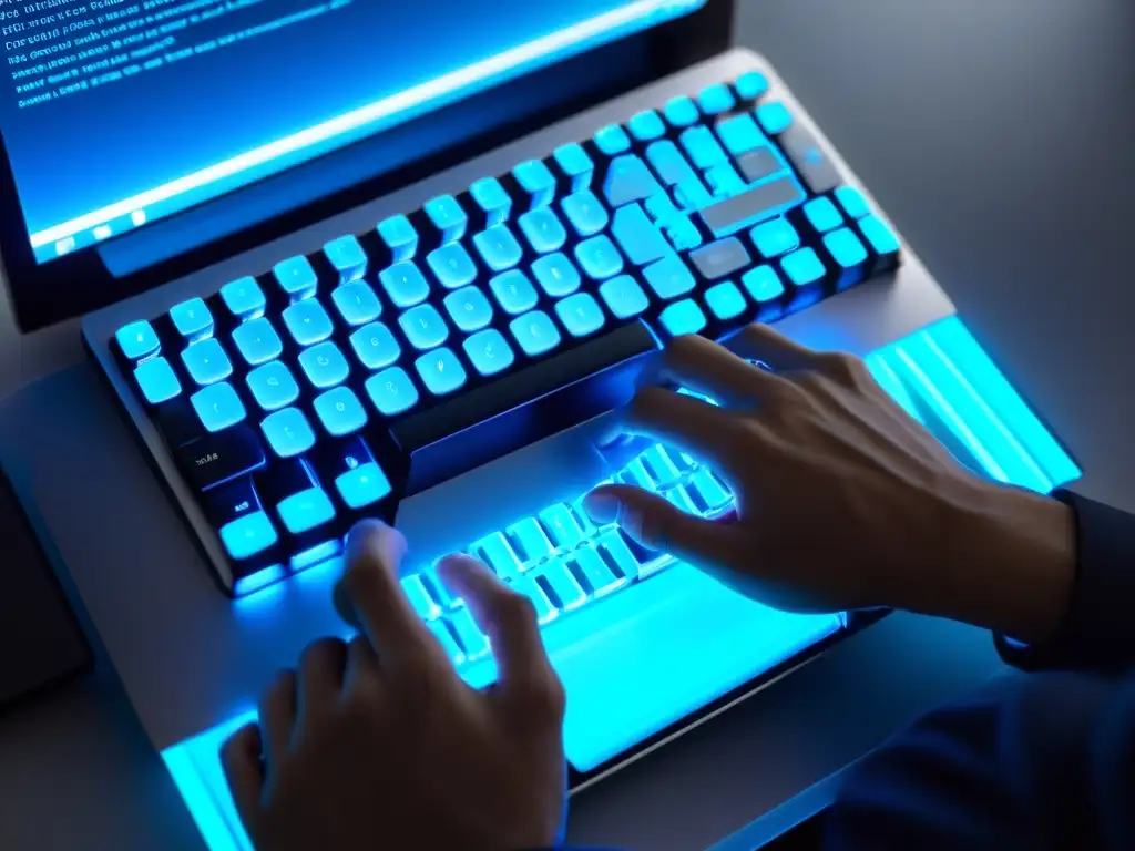 Un entorno minimalista con un teclado retroiluminado y manos tecleando rápidamente