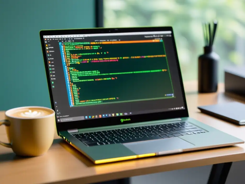 Un entorno profesional y acogedor con un portátil moderno y el IDE PyCharm abierto, mostrando código Python organizado y resaltado