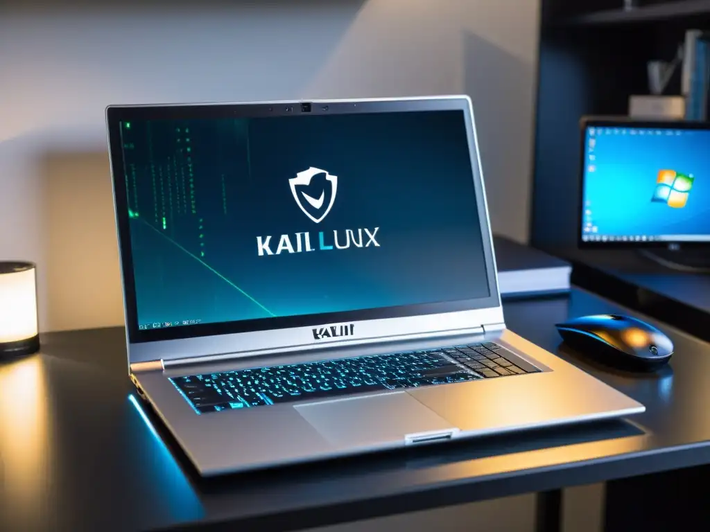 Un entorno profesional y futurista con pruebas de penetración en Kali Linux en una laptop y gadgets de alta tecnología