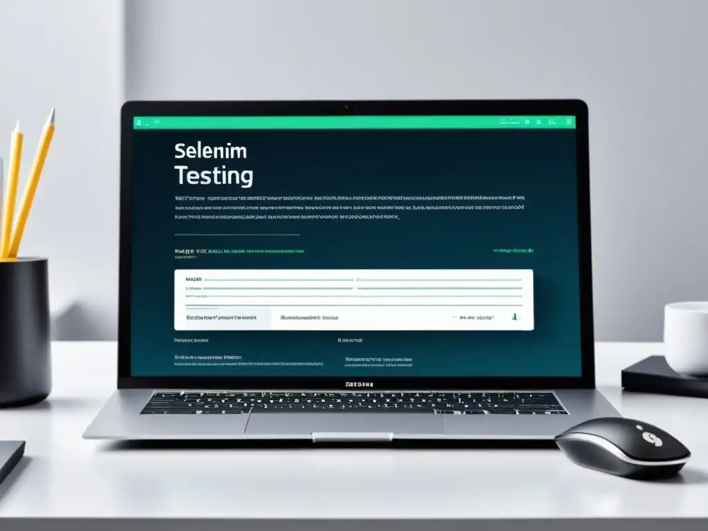 Un entorno profesional y moderno con pantalla de computadora mostrando la interfaz de pruebas de Selenium