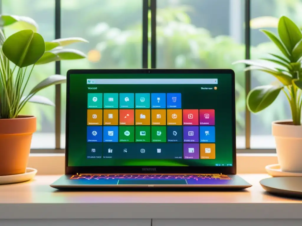 Un entorno profesional con un portátil moderno, manuales open source, plantas verdes y luz natural