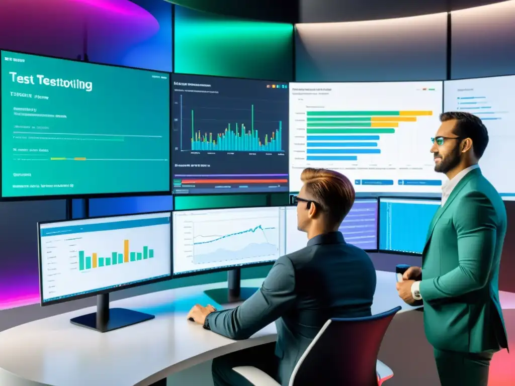 Un entorno de pruebas de software moderno en Java con desarrolladores colaborando en JUnit y TestNG para mejorar la eficiencia