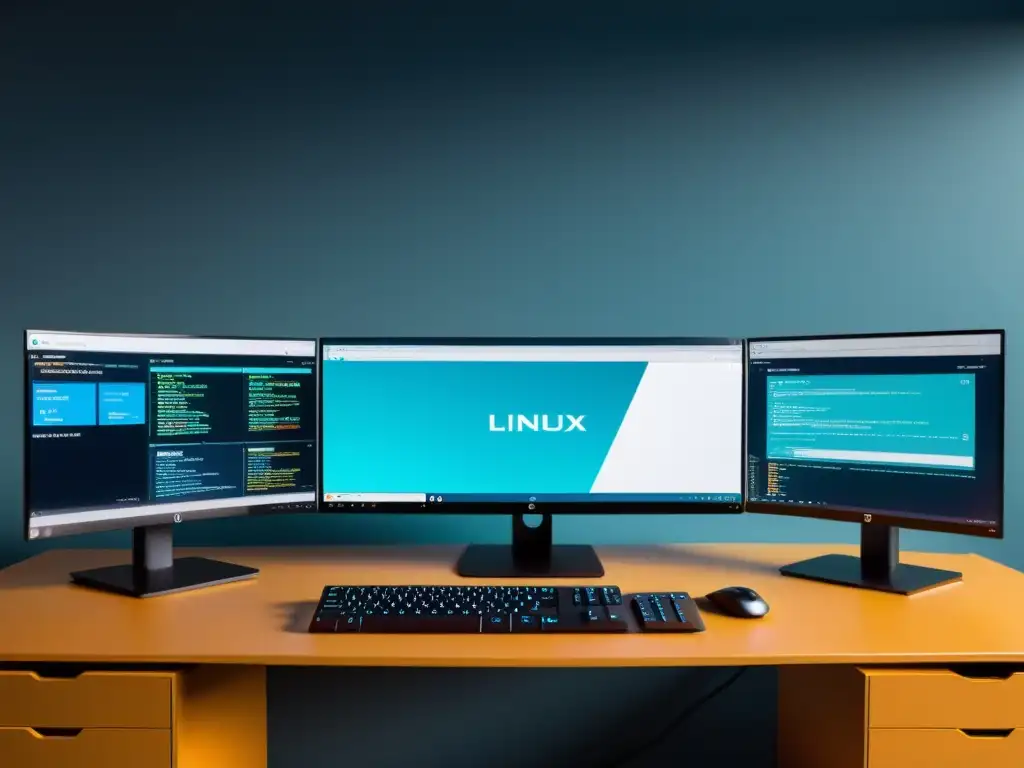 Un entorno de trabajo Linux futurista y organizado con monitores triples y widgets personalizados