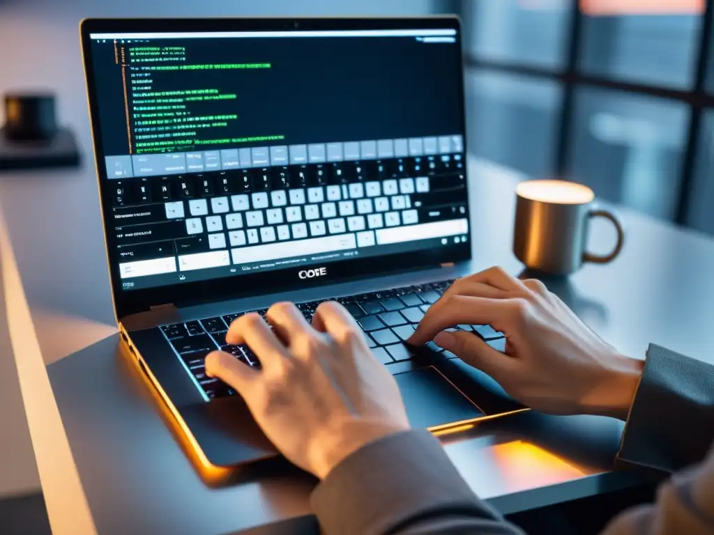 Un entorno de trabajo minimalista con un desarrollador de criptomonedas en Linux, código en pantalla y tecnología de vanguardia