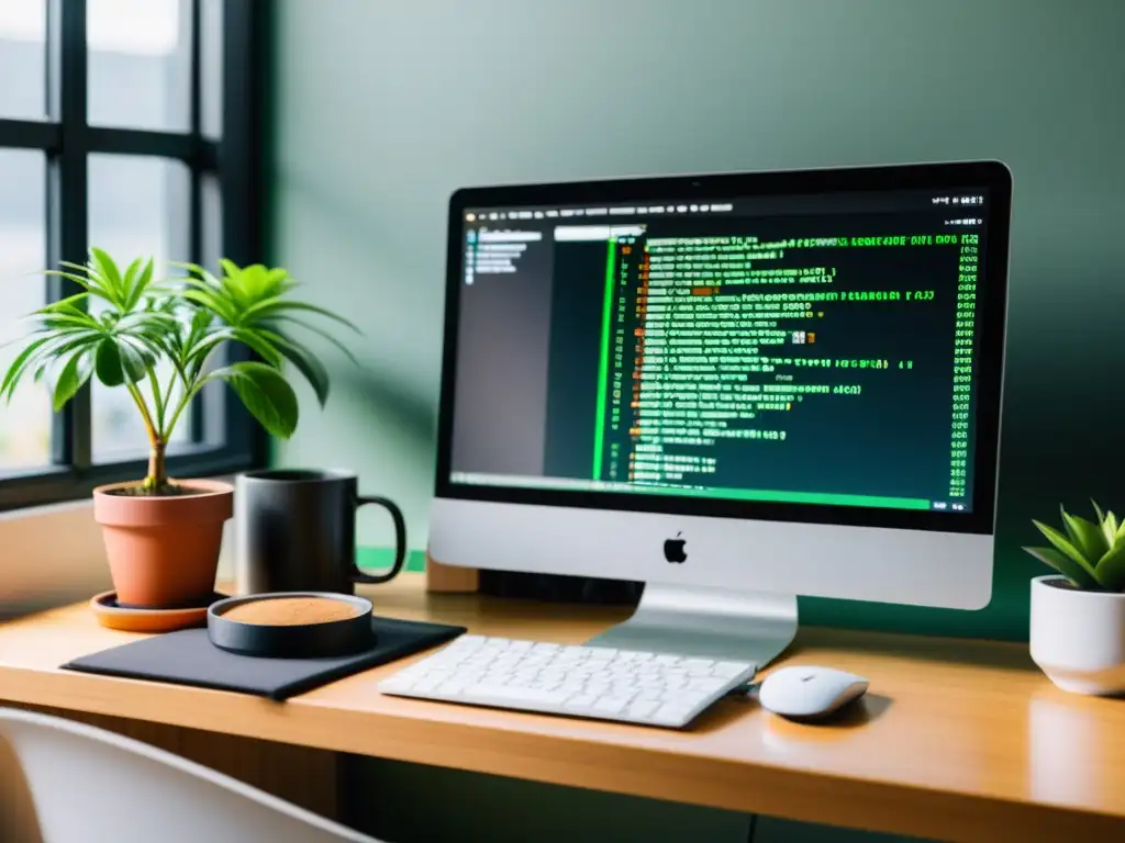 Un entorno de trabajo sereno y profesional con el mejor editor open source código en un monitor de alta resolución, libros de programación organizados, una taza de café y una planta en maceta