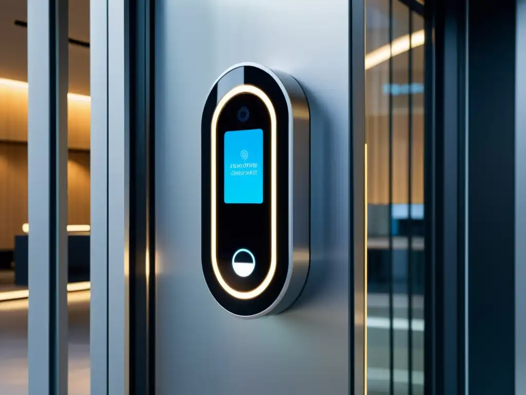Entrada futurista con tecnología biométrica para seguridad Linux Entrada de edificio moderno con sistema biométrico de alta tecnología, transmitiendo seguridad y sofisticación