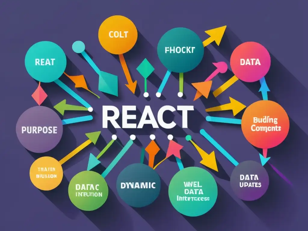Un entramado colorido de componentes de React con flujos de datos dinámicos y flechas, demostrando cómo construir interfaces dinámicas con React Hooks