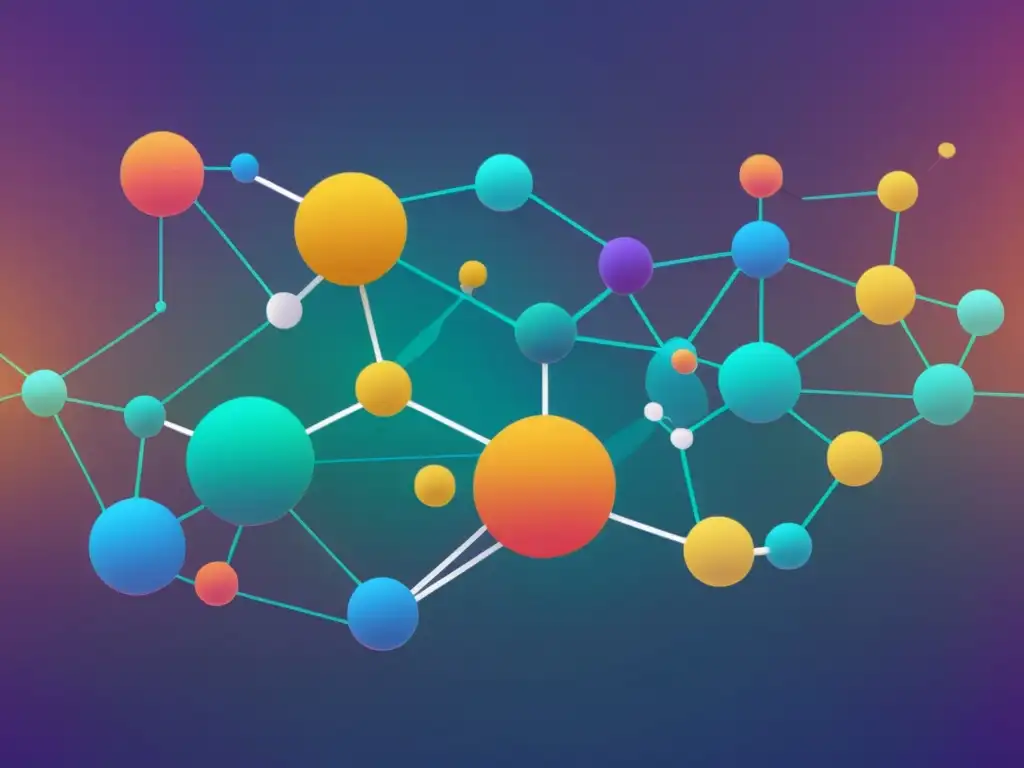 Un entramado de microservicios conectados en esferas dinámicas y coloridas, rodeadas por líneas de flujo de datos en un paisaje digital futurista