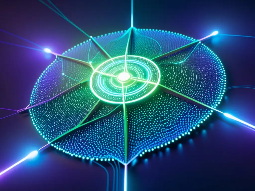 Un entramado de seguridad futurista, con líneas y nodos brillantes en azules, verdes y morados