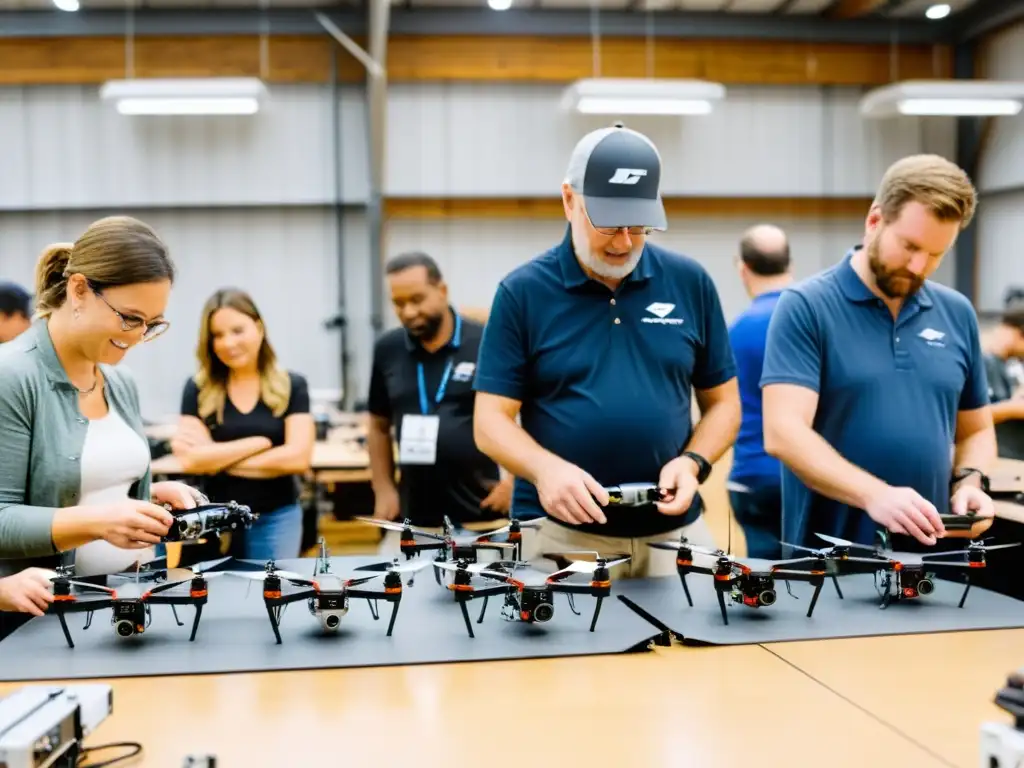 Entusiastas de drones ensamblan y prueban en un taller luminoso