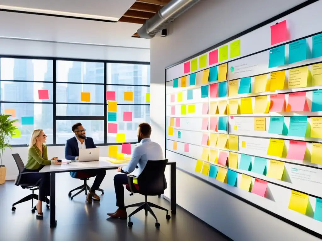 Equipo ágil de marketing colaborando en una oficina moderna con luz natural