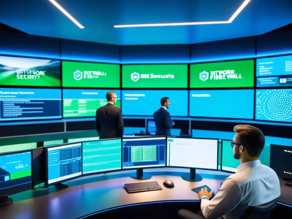 Equipo de ciberseguridad monitorea un moderno Centro de Operaciones de Seguridad de Red con firewall de código abierto para seguridad de red