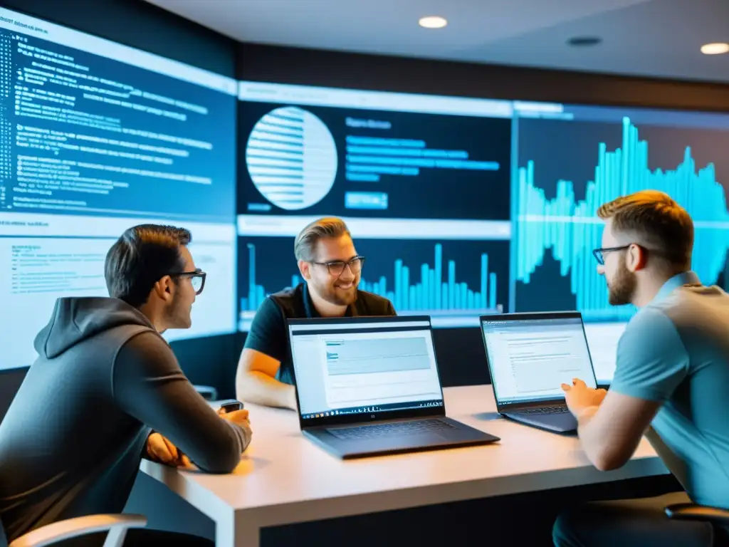 Un equipo de desarrolladores colabora en el código de firewall open source, inmersos en datos y líneas de código