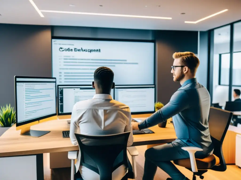 Equipo de desarrolladores mejora código JavaScript con ESLint en ambiente profesional y colaborativo en oficina moderna
