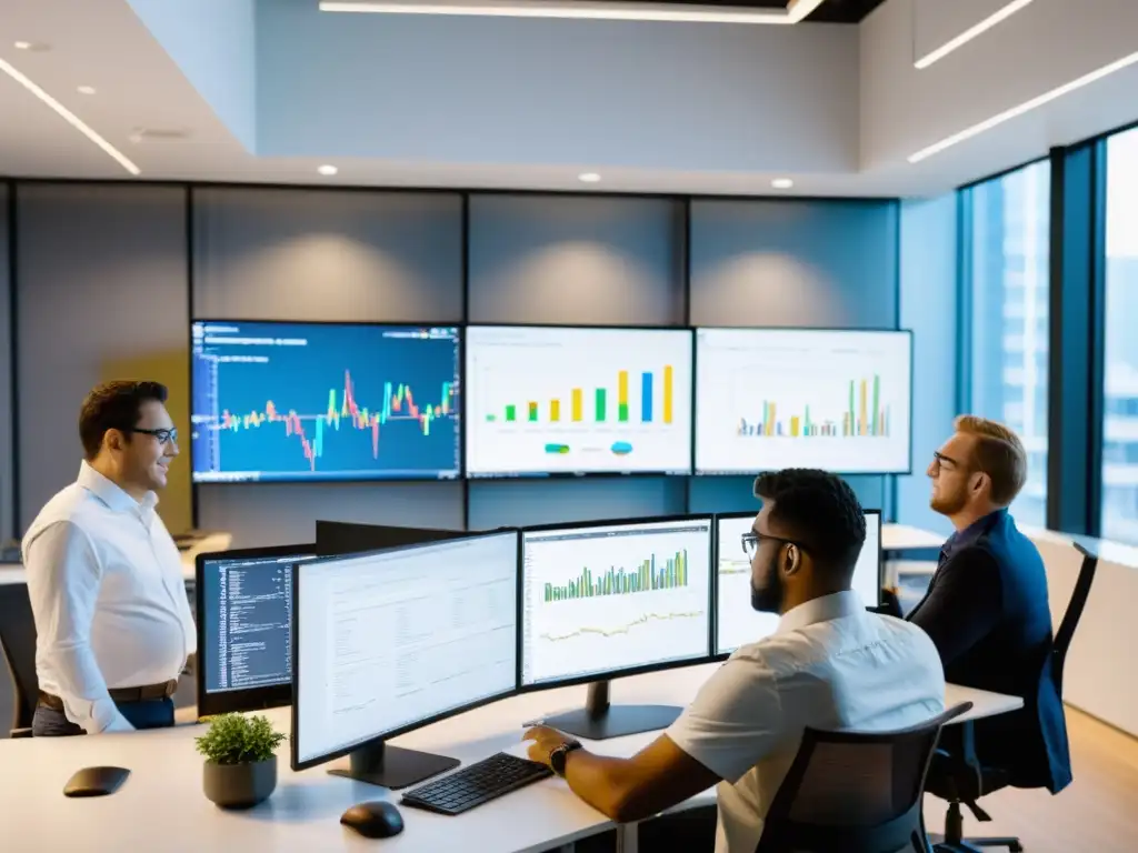 Desarrolladores colaborando en código en oficina moderna Un equipo de desarrolladores colaborando en código en una oficina moderna