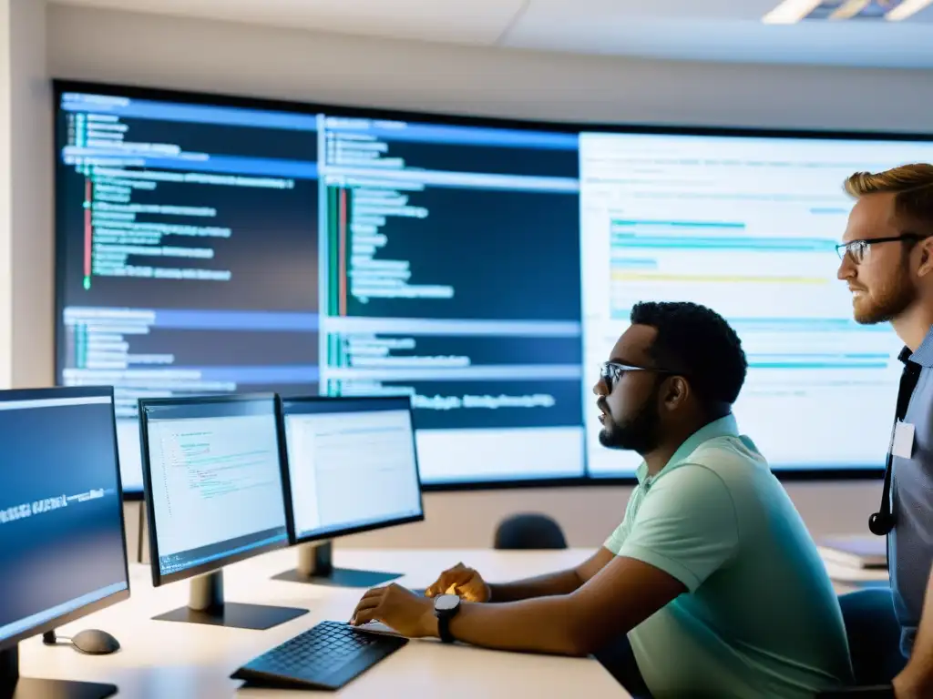 Un equipo de desarrolladores colabora en código, discutiendo y diagramando