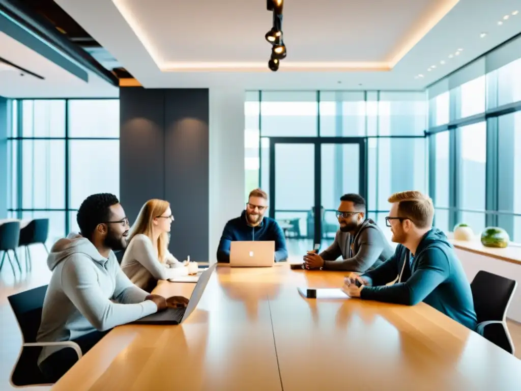 Equipo de desarrolladores colaborando en el desarrollo de aplicaciones empresariales con frameworks open source en una moderna sala llena de luz natural y tecnología de vanguardia