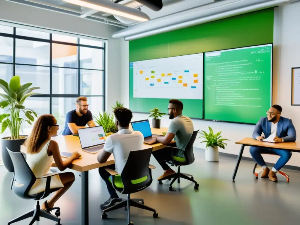 Equipo de desarrolladores colaborando en un espacio de oficina moderno y abierto, con plantas, arte contemporáneo y mobiliario ergonómico