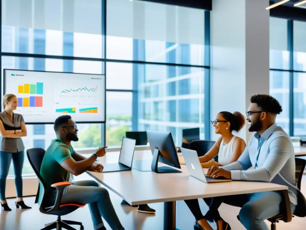 Equipo de desarrolladores colaborando en un espacio de oficina moderno, con pantallas de código y pizarras llenas de diagramas coloridos