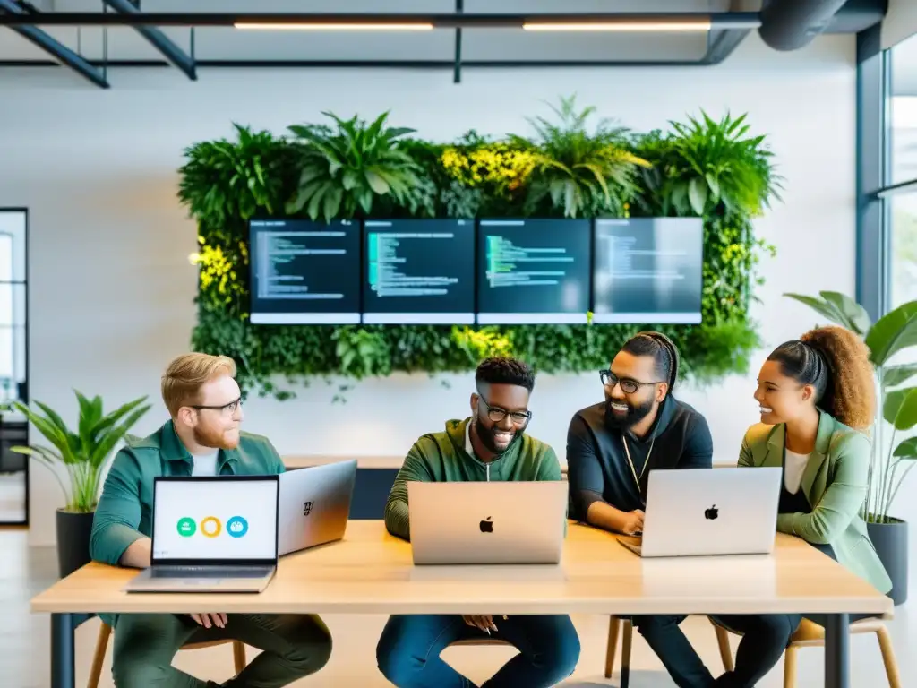 Equipo de desarrolladores colaborando en un espacio de oficina moderno y abierto, con luz natural