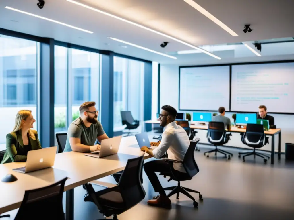 Un equipo de desarrolladores colaborando en un espacio de oficina moderno con luz natural, discutiendo y trabajando en laptops