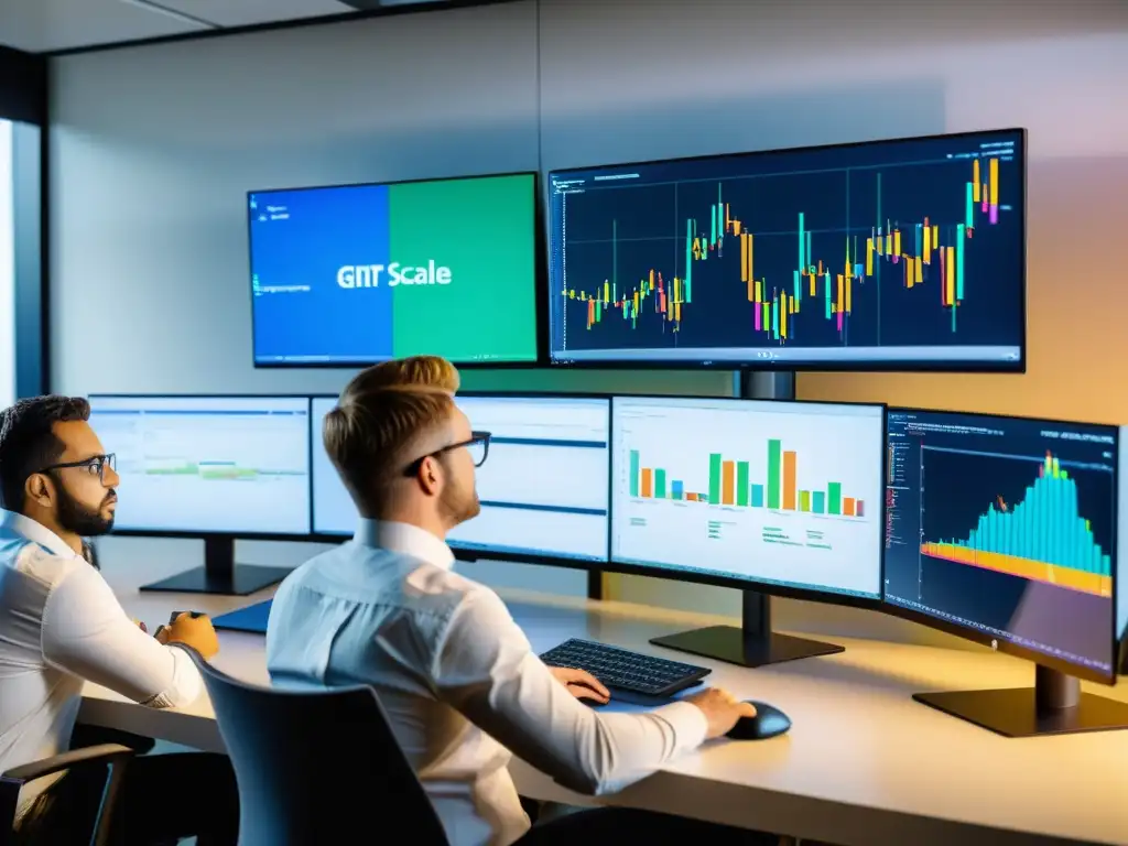 Equipo de desarrolladores colaborando en una estrategia de ramificación de Git en una oficina moderna