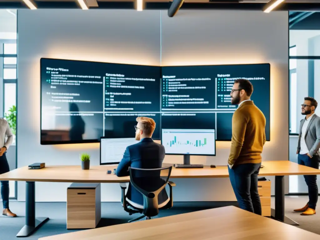 Equipo de desarrolladores colaborando en frameworks open source en una oficina moderna y dinámica, con luz natural y pizarrón de código