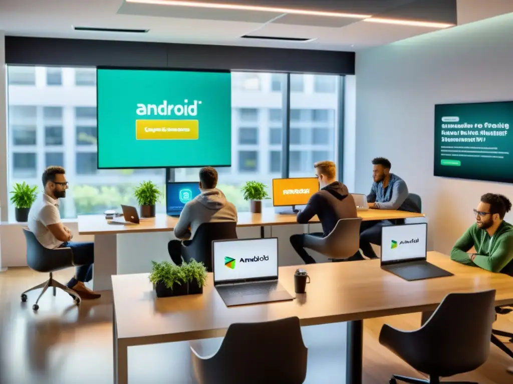 Equipo de desarrolladores de Android trabajando en IntelliJ IDEA Community en una oficina moderna y vibrante