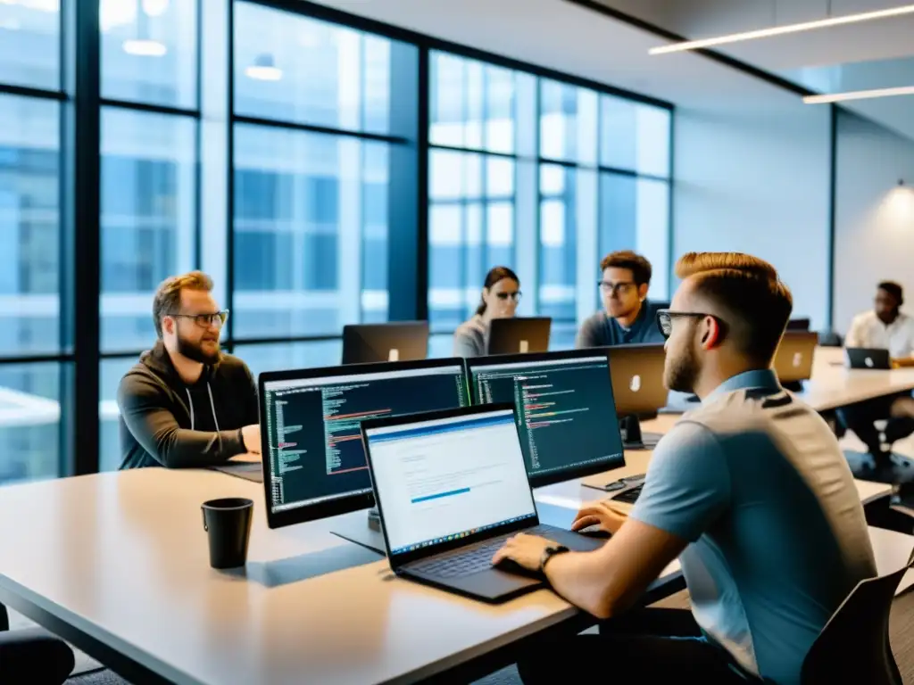 Equipo de desarrolladores colaborando en un moderno espacio de oficina mientras discuten código