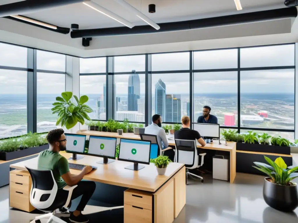 Equipo de desarrolladores colaborando en un moderno espacio de oficina, con vistas a la ciudad