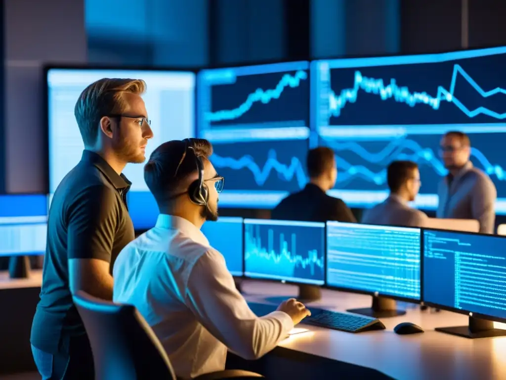 Equipo de desarrolladores de software en acción Equipo de desarrolladores colaborando en monitores con código y visualizaciones, creando una atmósfera dinámica